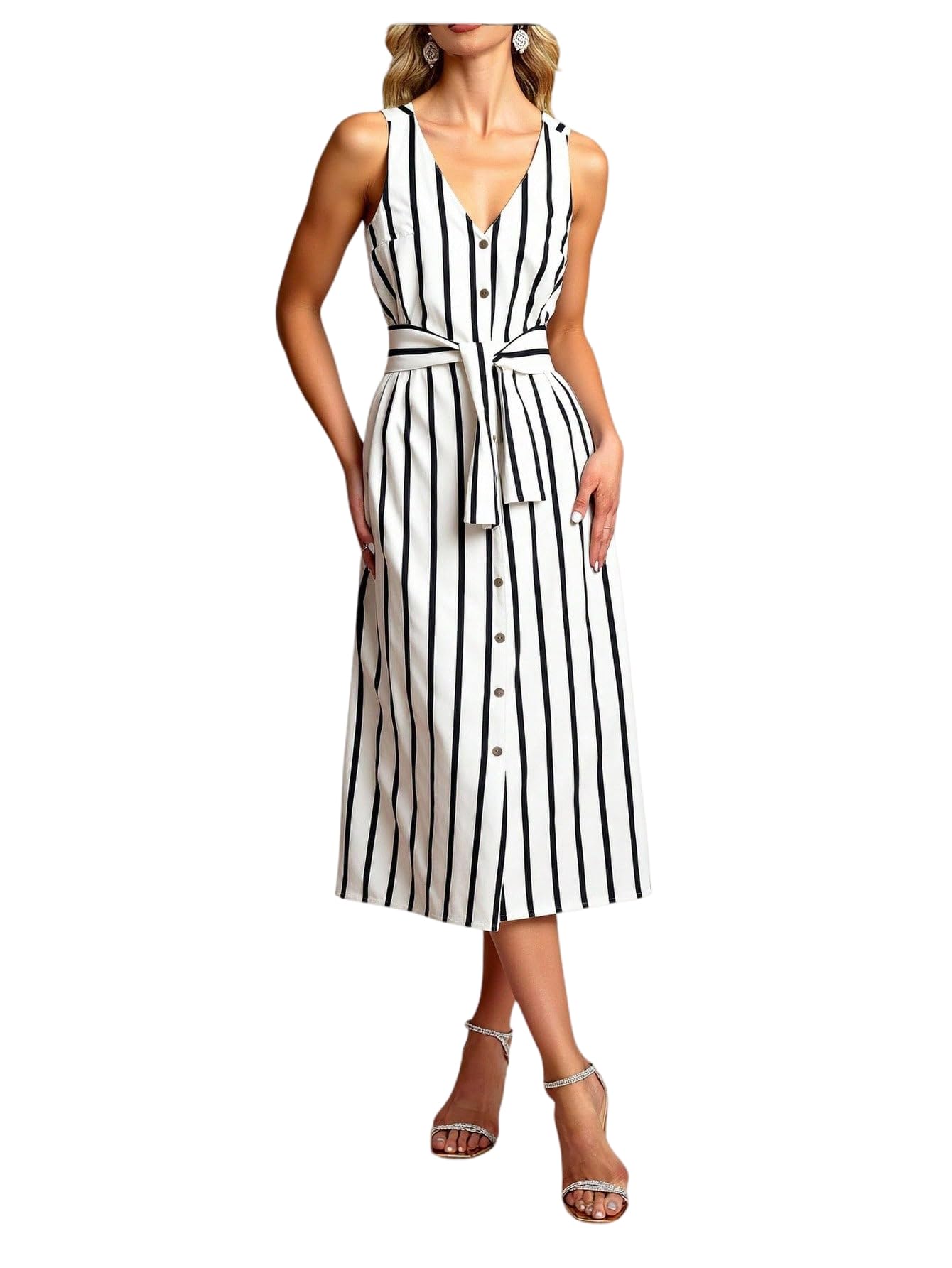 Womens Summer Striped Button Down Dress Elegant V Neck Belted Midi Work Office Dresses