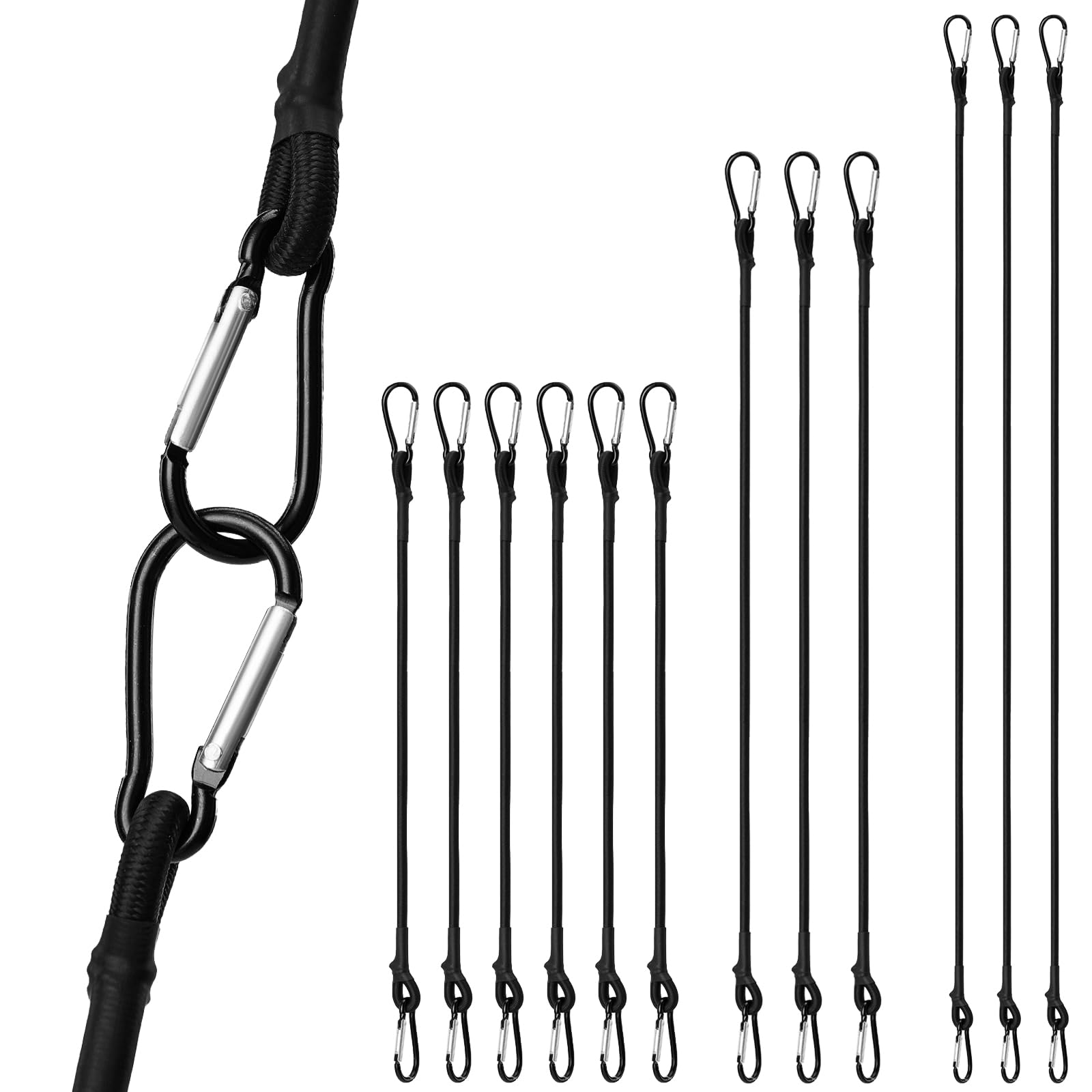 Doodlream 12 Pack Bungee Cords with Carabiner Hooks, Heavy Duty Black Elastic Straps, Assorted Sizes (12, 24, 48 Inch) Strong Shock Cords for Outdoor, Camping, Moving, Cargo Securing, Bike Rack