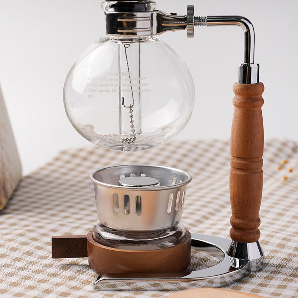 Glas-Siphon-Kaffeemaschine für 3 Tassen mit rustikalen Holzdetails