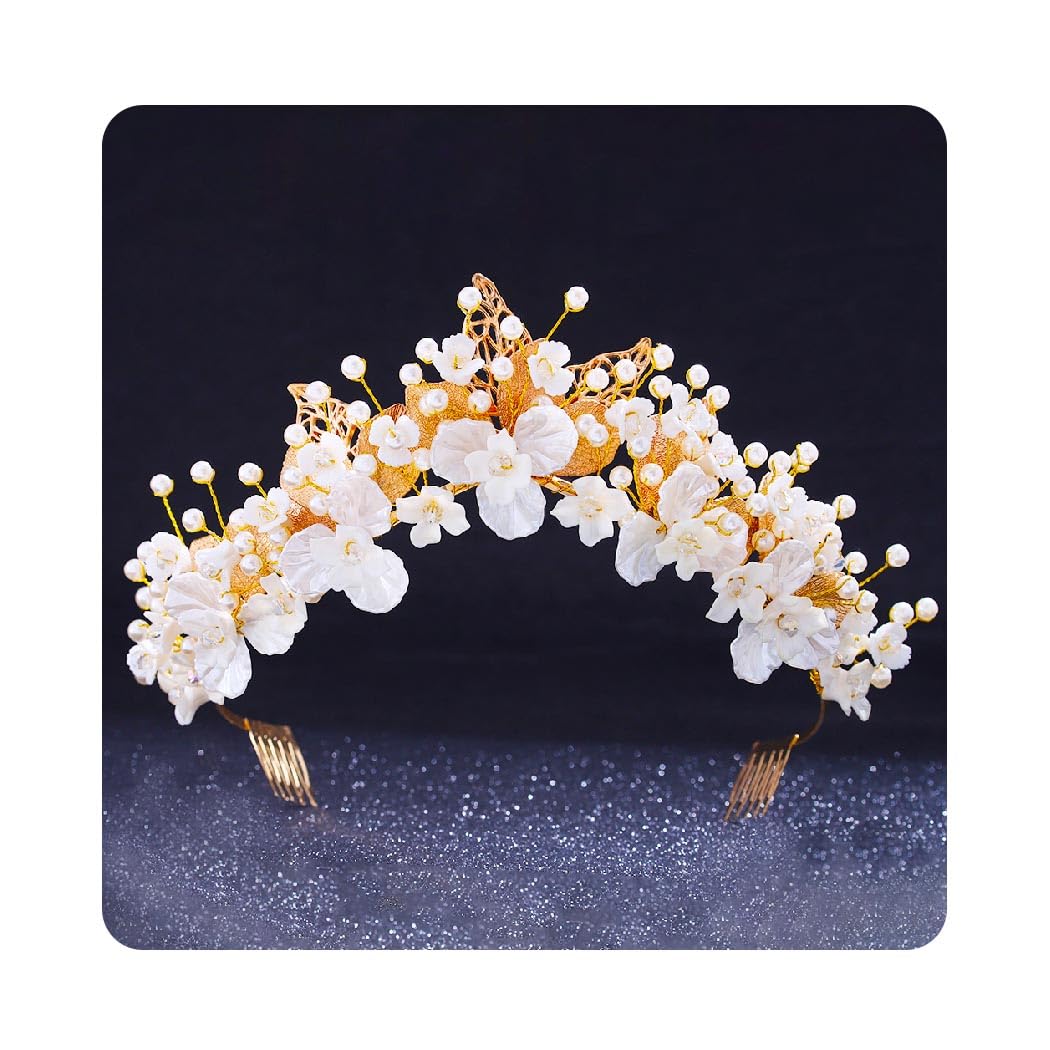 Campsis Flower Tiaras and Crown Pearl Bride Wedding Headband Leaf Princess Headpiece Wedding Hair Accessories for Women