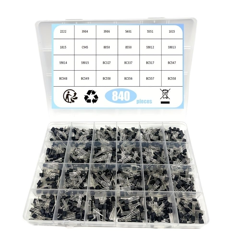 Kit assortimento di transistor TO-92 a 24 valori (840 pezzi/set): BC327, BC337, BC547, 2N222, 3904, 3906, C945 (PNP/NPN).