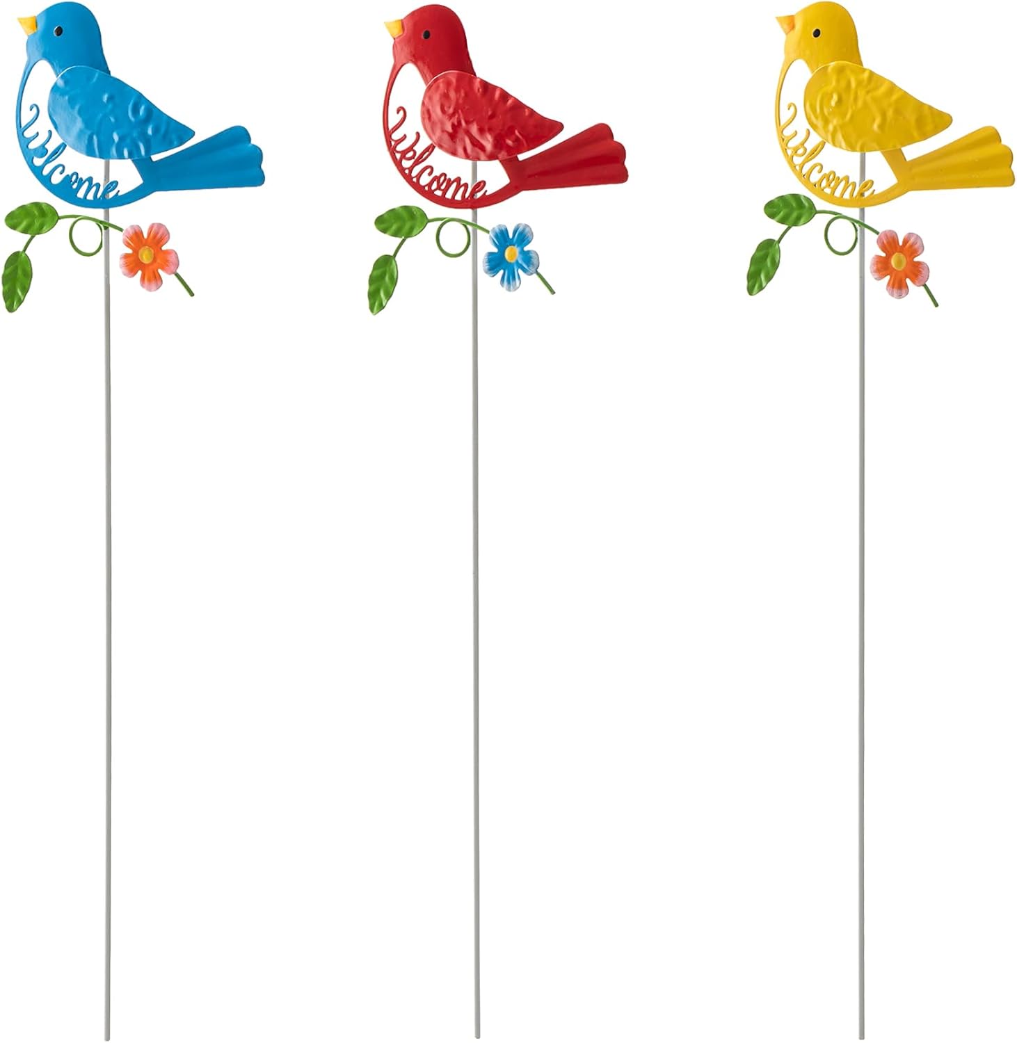 Glitzhome Decorative Garden Stakes Bird 3-Pack, Metal Bird Picks with Embossed Detail and Die Cut Welcome, Lawn Ornaments Yard Art Outdoor and Garden Vase Patio 16-Inch