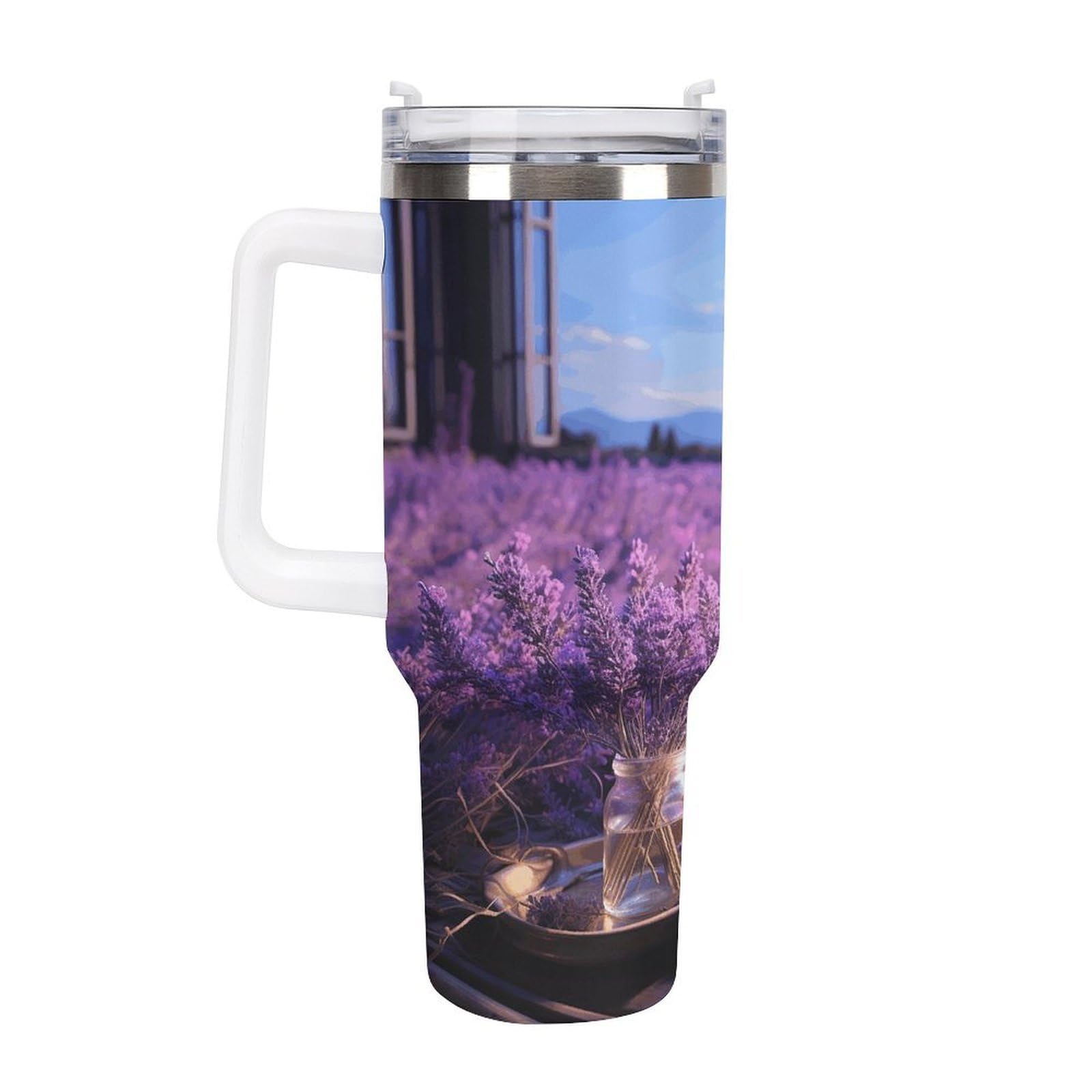 Romantische Lavendelbecher mit Strohhalm und Griff, doppelwandige Vakuumisolierung, Wasserflaschen für Eiskaffee, Tee, heiße und kalte Getränke
