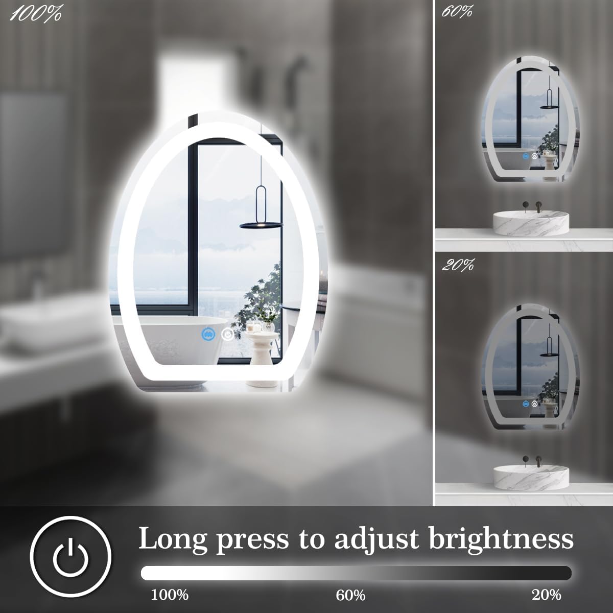 16 x 24 Inch Half Oval Vanity Mirror with Lights Smart 3 Color Dimmable AntiFog Frameless Backlit Flat Bottom Oval Lighted Mirror for Bathroom Salon Makeup Table Wall LED Ovals Egg Mirrors