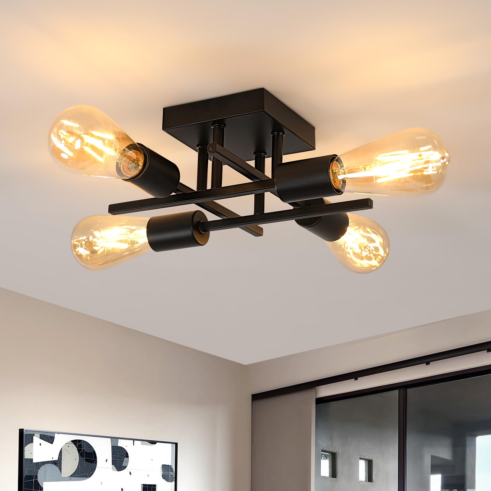 Pheashine Industrial Vintage Ceiling Light, 4-Light Semi Flush Mount Ceiling Lamp with E27 Sockets