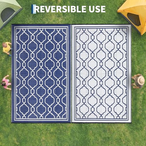 Garvee 8 x 10 Outdoor Rug Waterproof for Patio, Foldable Reversible Plastic Straw Area Rug, Large Mats for Camping, RV, Balcony, Deck, Picnic, Beach, Blue & White by Garvee - Used condition - Image 2