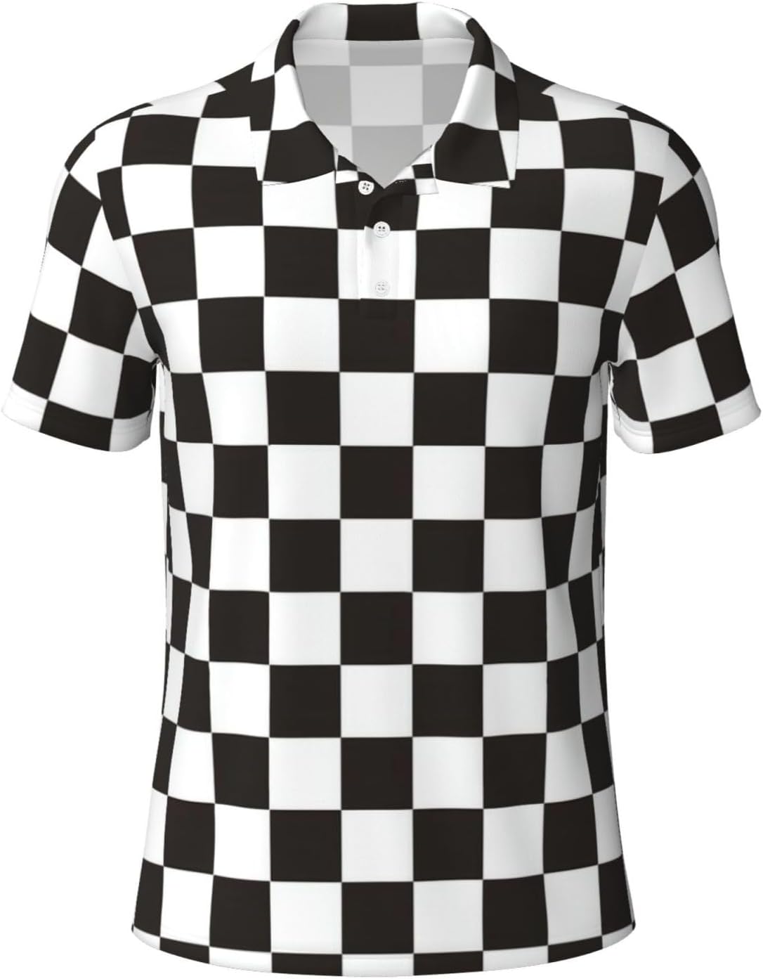Black and White Checkerboard Print Polo Shirt Classic Button Stretch Short Sleeve Polo Golf Shirts for Men