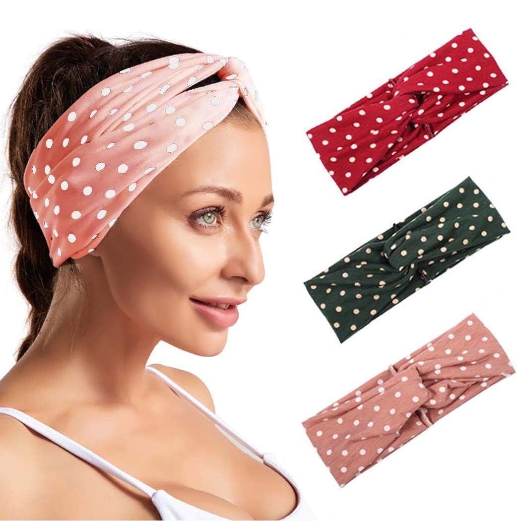 3 Pcs Boho Polka Dot Stretch Headbands | Criss Cross Headbands Yoga Stretch Wide Head Wraps For Women And Girls (Option-1),Assorted-image-22