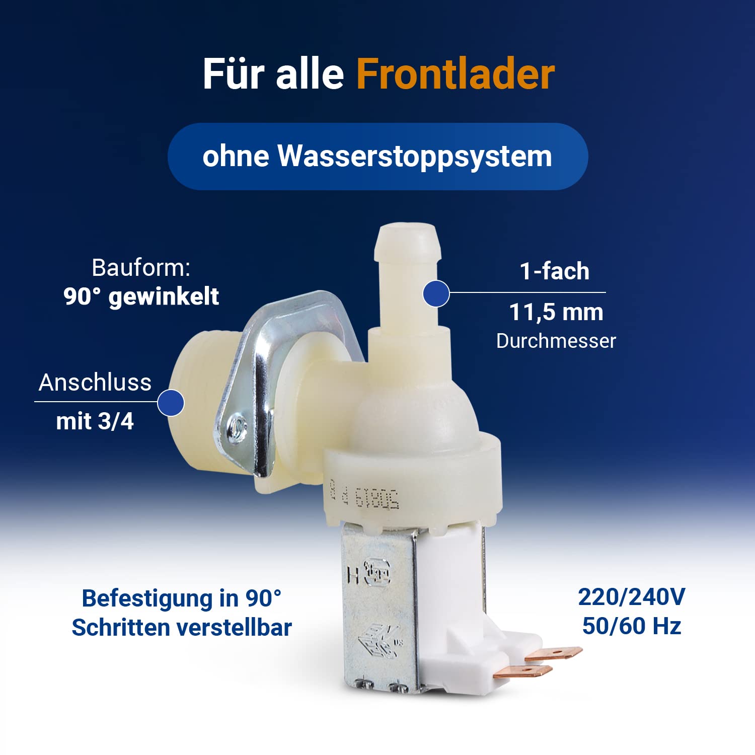 VIOKS Zawór elektromagnetyczny wodny elektryczny 1-drożny 90° 11,5 mm Ø uniwersalny do pralki, zmywarki, zaworu wlotu wody AEG Electrolux Juno Zanker Zanussi Candy Haier Hoover