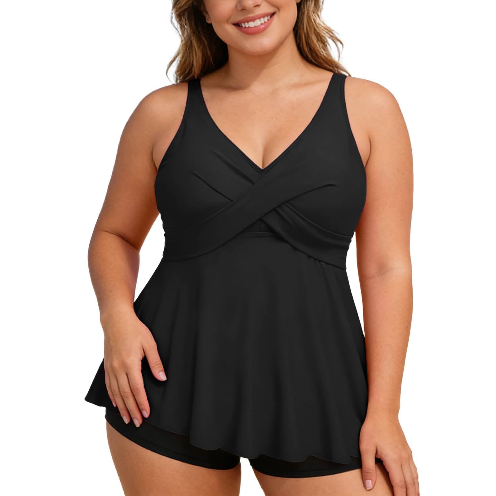 Costume Due Pezzi Curvy da Bagno Tankini con Gonna fluida Taglie Forti, Tinta Unita, Top Spiaggia Mare Donna