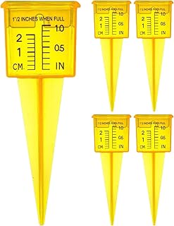 Ranley Medidor de agua para césped, pluviómetro para exteriores, pluviómetro portátil amarillo para jardín, 5 unidades, reutilizables, con estaca, vaso colector de aspersión, herramienta de medición