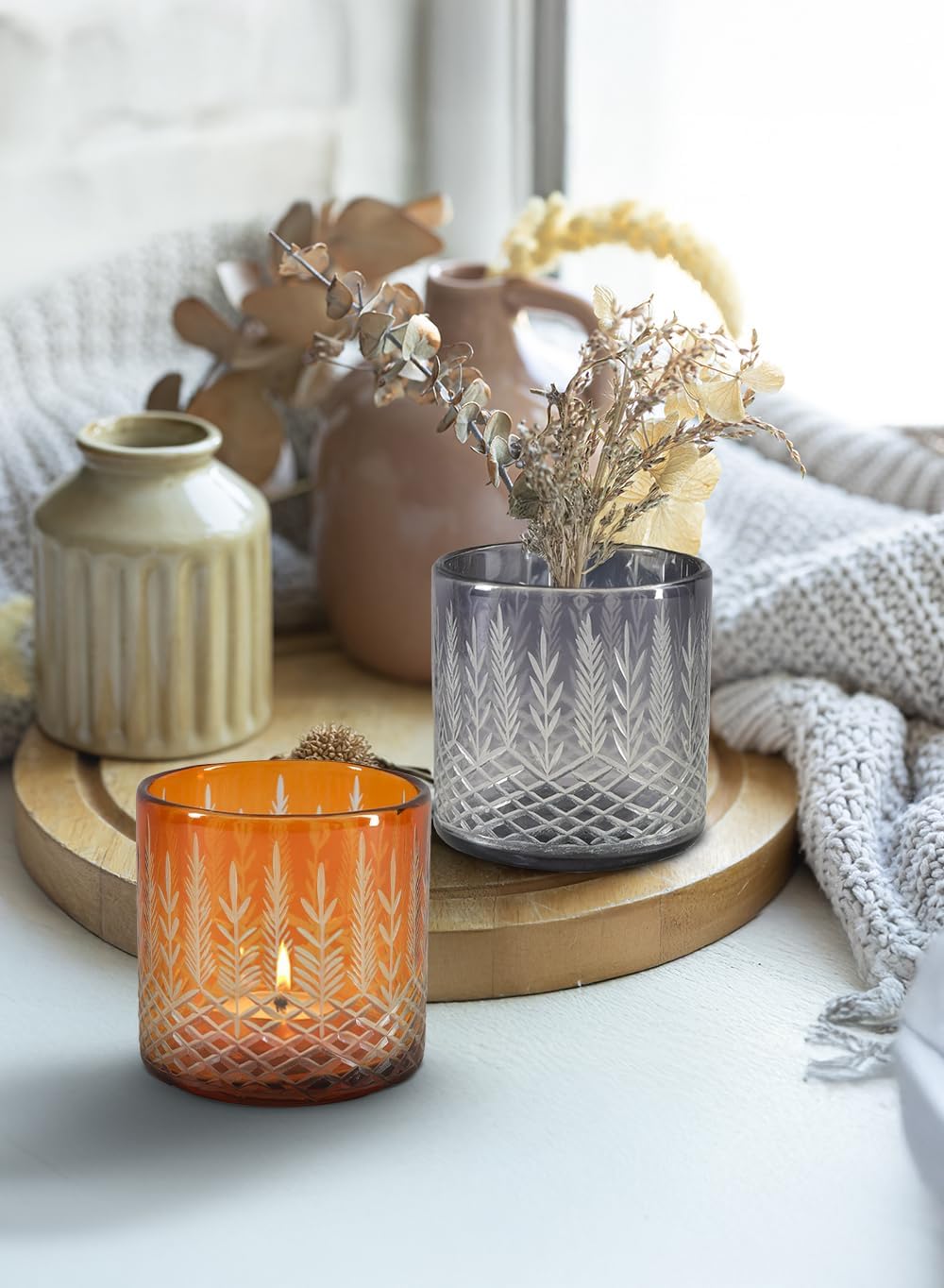 Serene Spaces Living Palm Etched Glass Hurricane – Dual-Purpose Design, Elegant Artisanal Craftsmanship, Candle Holder, Flower Arrangment, Floral Vase, Table Centerpiece (Small, Orange - Pack 1)