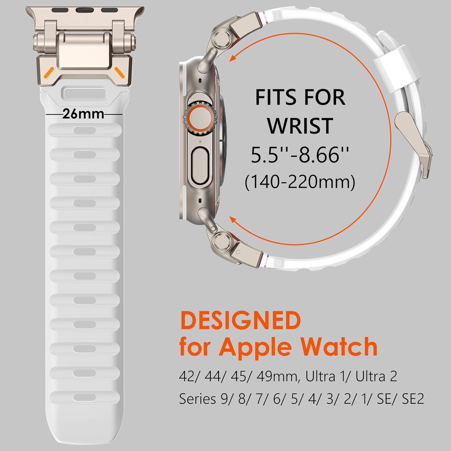 WINGLE FKM Rubber Bands for Apple Watch Band Ultra 3/2/1 Band Ultra 49mm Series 11 10 46mm 45mm 44mm 42mm SE 3/2/1 9 8 7 6 5 4 3 Men, Military Rugged Metal Connector Silicone iWatch Sport Bands, White - Image 5