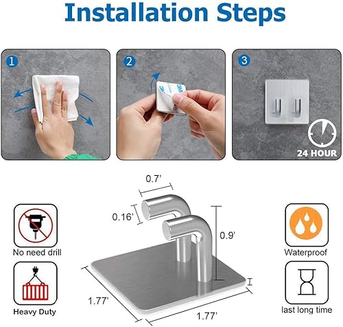 Miniatura 6 de Ganchos adhesivos, gancho de acero inoxidable para toallas de baño, colgador de pared resistente, impermeable, antideslizante, doble gancho para