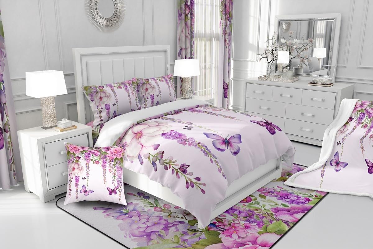 Feelyou Purple Violet Butterfly Comforter Set Queen for Girl Kid Adult Purple Butterfly Flowers Pattern Bedding Set Aesthetics Butterflies Quilt Bed Set Queen Size with 1 Comforter and 2 Pillowcases