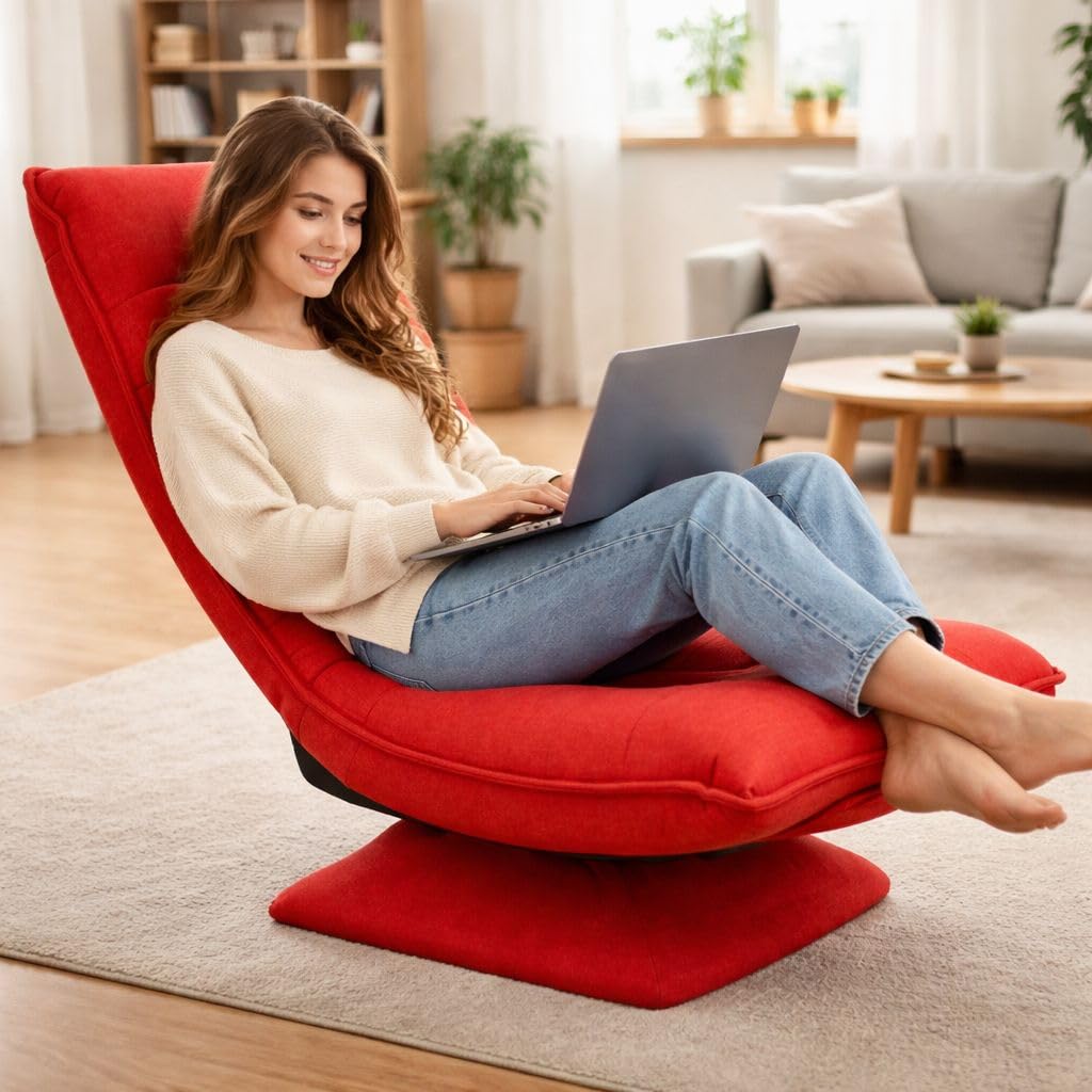 Kawachi Adjustable 5-Position Folding Recliner Gaming Sofa Chair with 360° Swivel Rocking Lounge Chair with Lumbar Support for TV, Reading & Relaxation–Nirvana Moon Leisure Lounge Chair (Red)