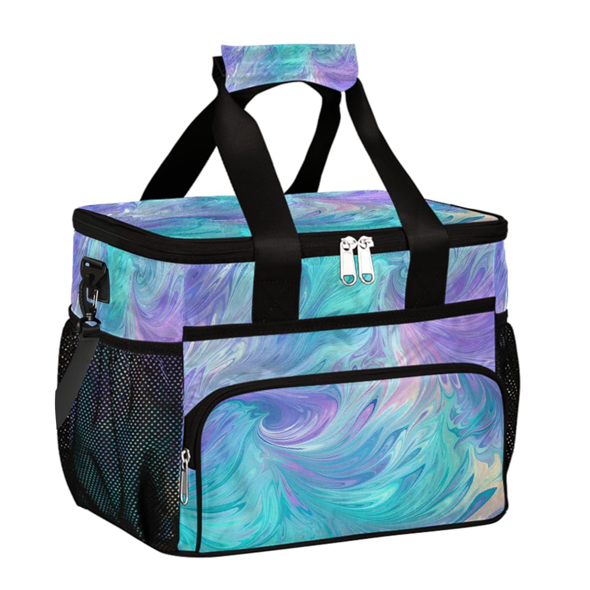 Bolsa térmica grande de camping para picnic, textura líquida, verde azulado, morado, plegable, portátil, bolsa de almuerzo y lonchera para hombres y mujeres, 20 L