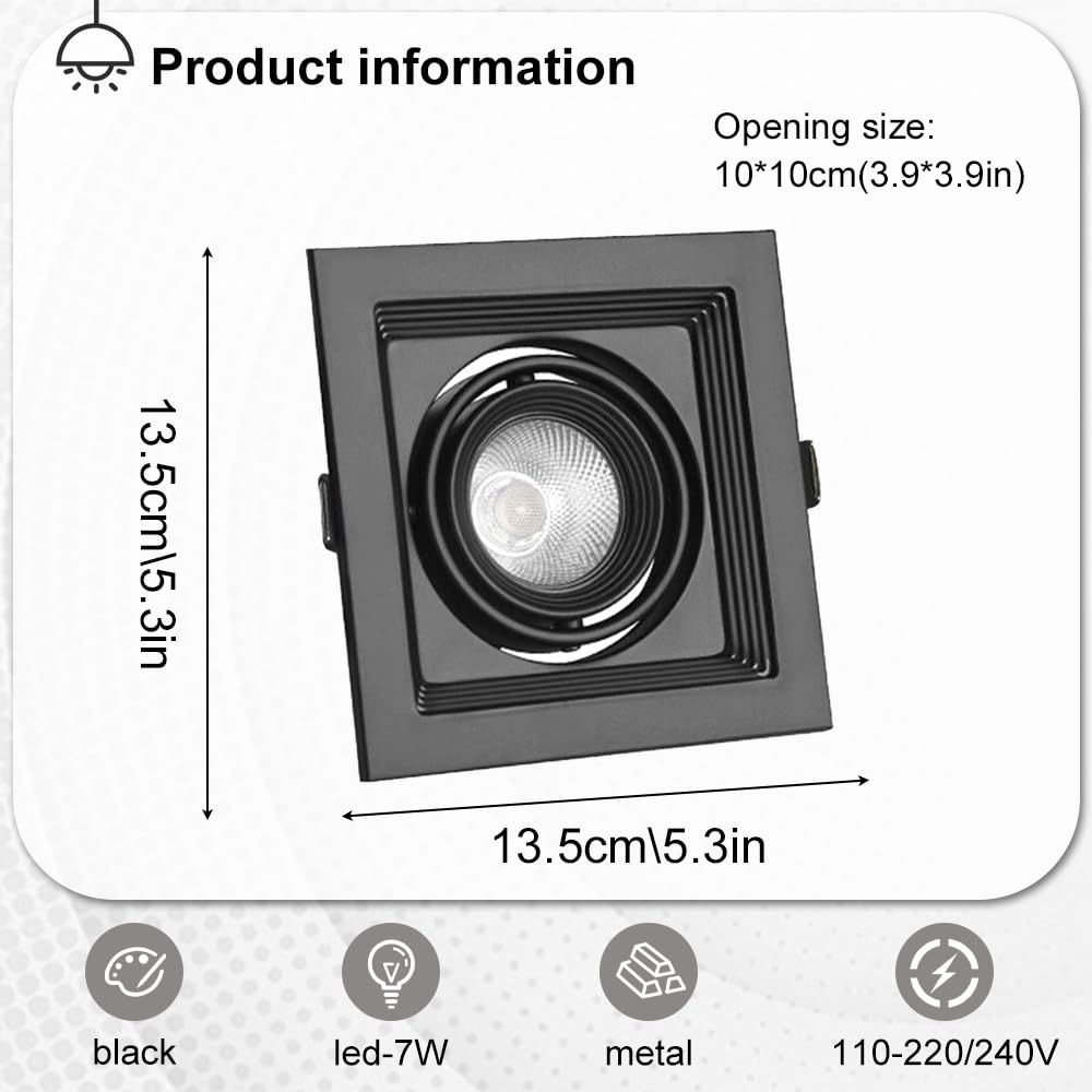 Faretto da soffitto a LED Regolabile, faretto da Incasso Aent, faretto da soffitto Quadrato a Filo, faretti direzionali per Cucina, Soggiorno, corridoio, Sala da Pranzo (Nero 3000k 7W)