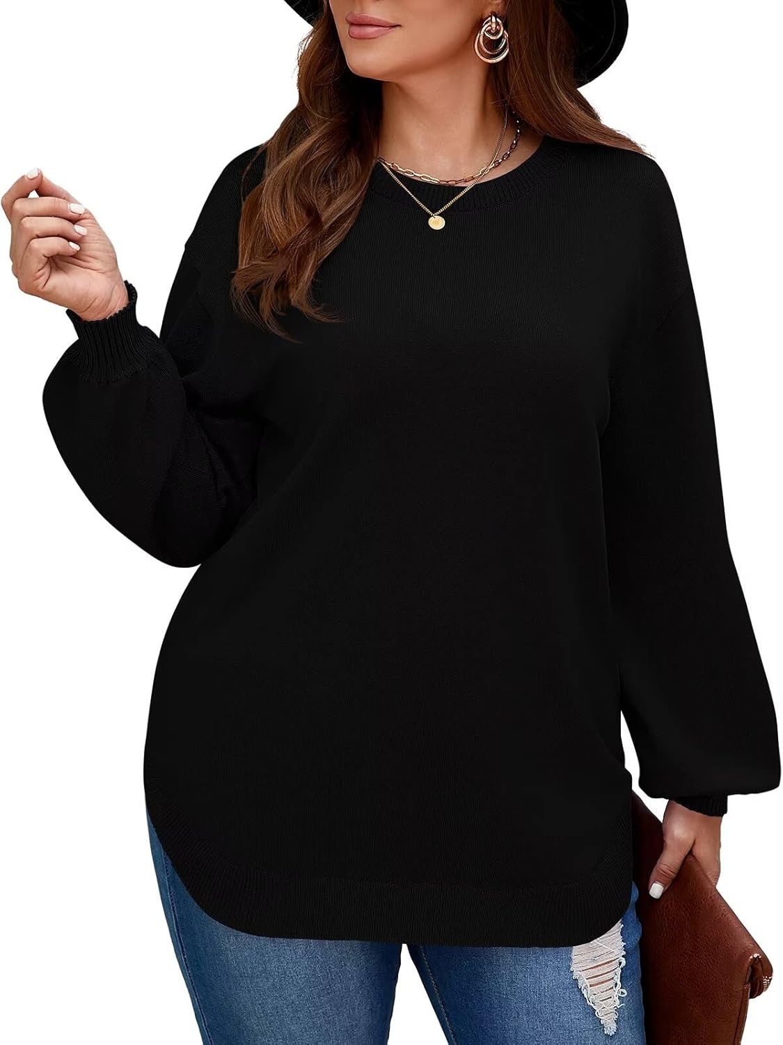 BELAROI Plus Size Sweaters for Women Long Sleeve Shirts Loose Casual Oversized Tunic Sweater Fall Outfits Curved Hem M-5X