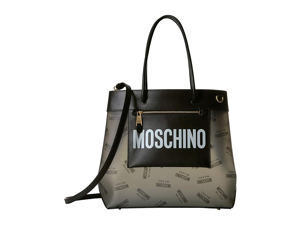 

Moschino Front Zip All Over Logo Tote (Black Eco-Leather) Handbags