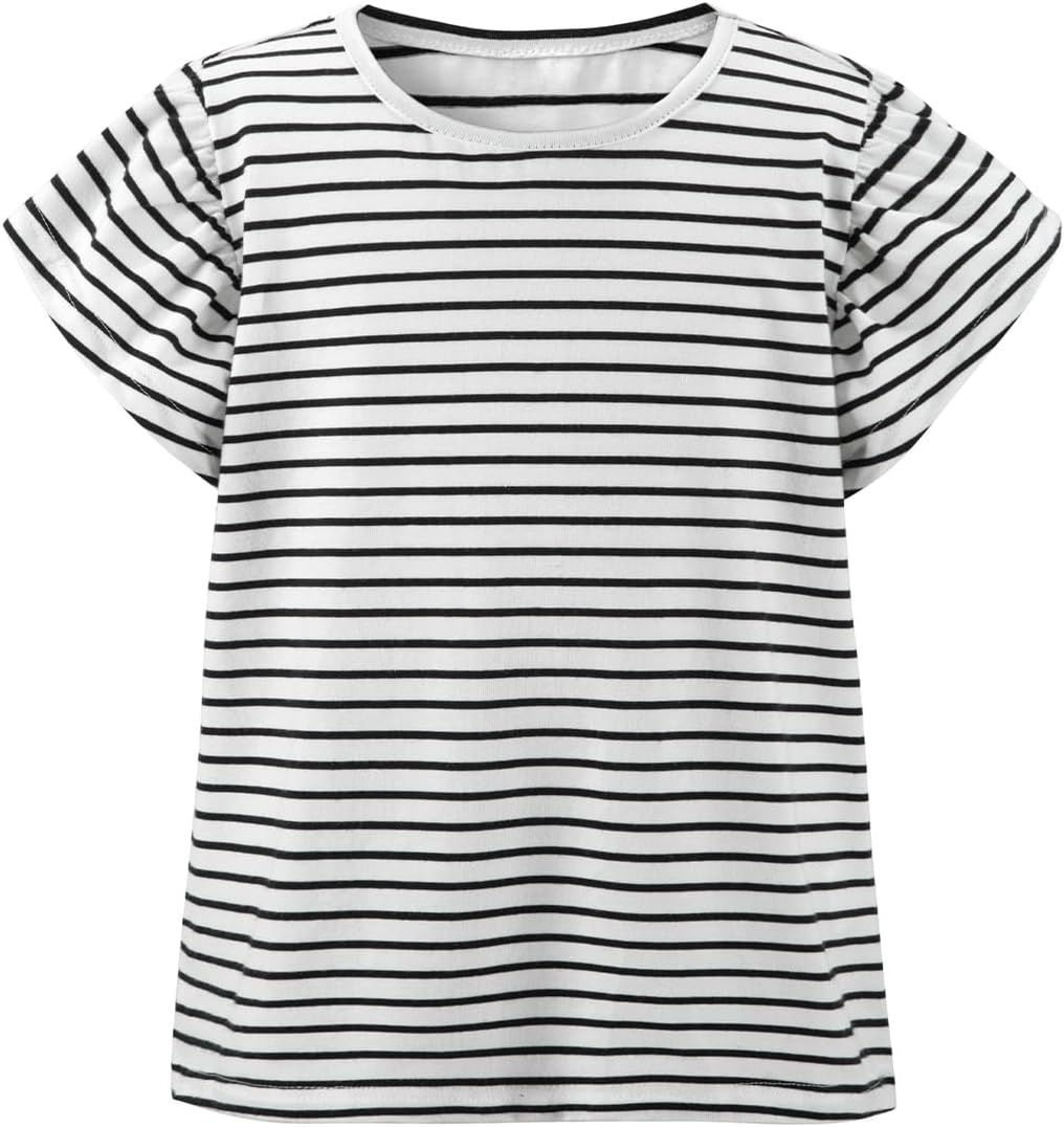 Girls Summer Shirts Kids Striped Ruffle Sleeve T Shirts Crew Neck Casual Tops Cute Short Sleeve Tees 5-14 Years - Image 3