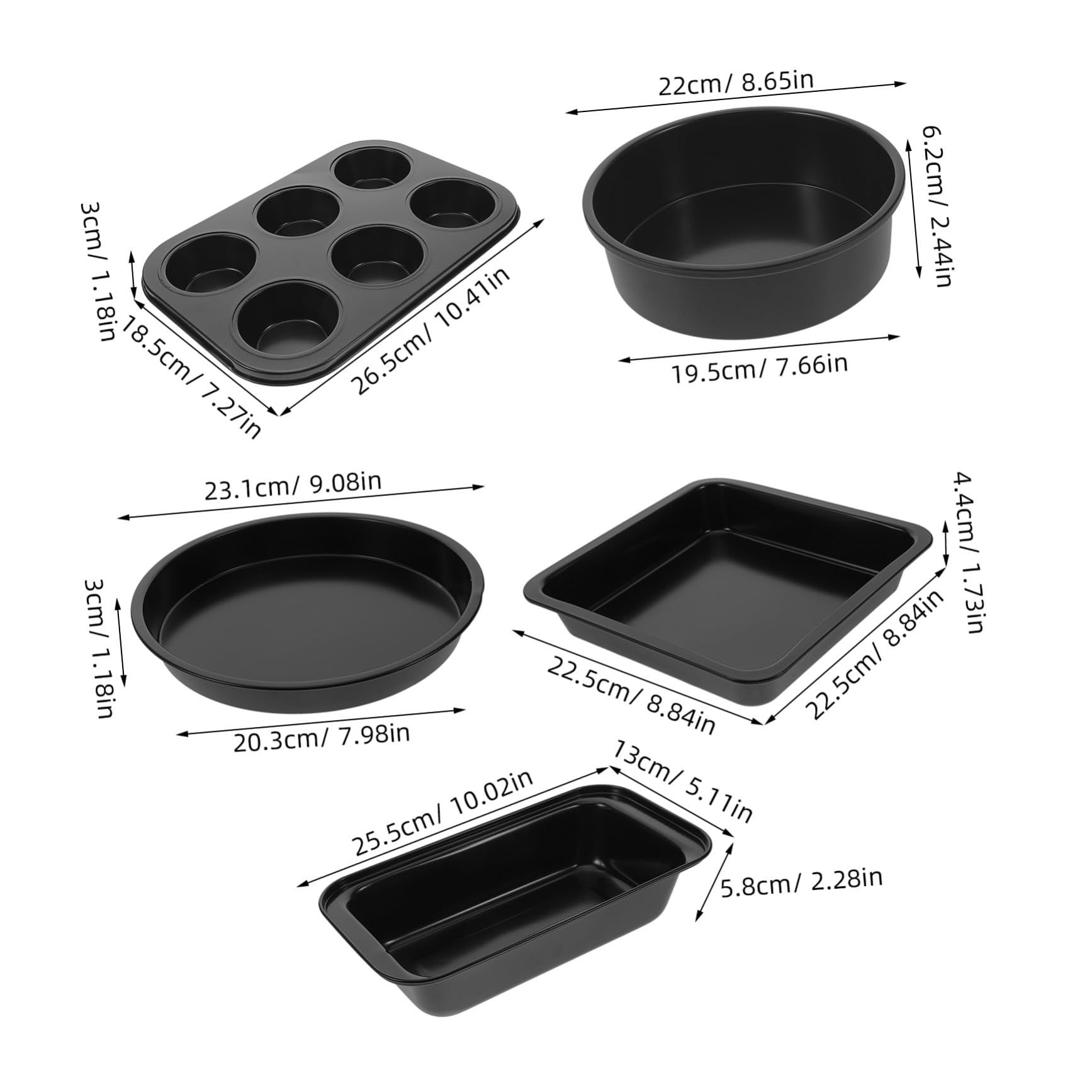 SHINEOFI Ensemble de 5 Moules à Pâtisserie Antiadhésifs en Acier au Carbone Noir, Facile à Nettoyer, Cuisson de Pizzas et Pains Maison
