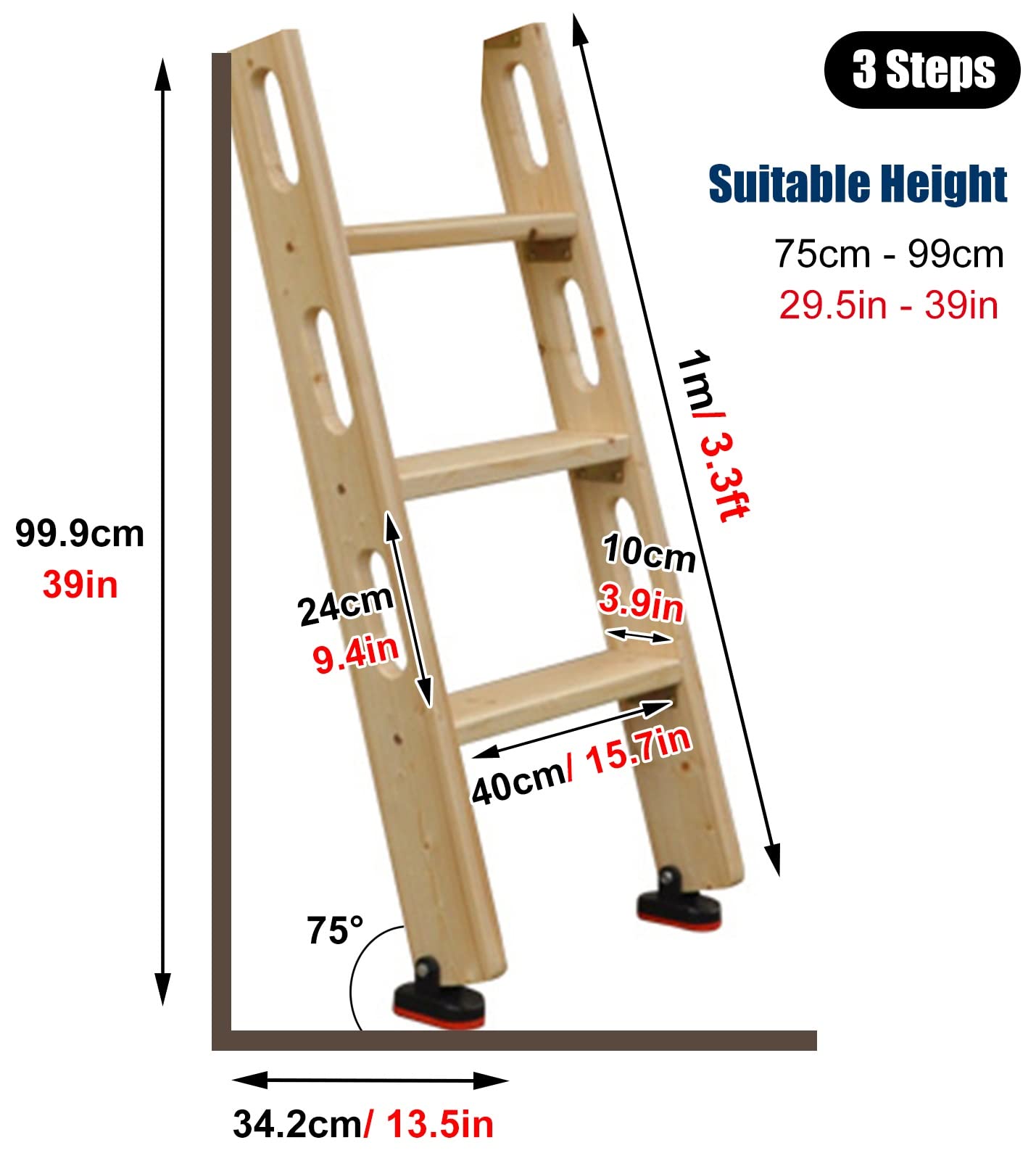 Hochbettleiter Doppelstockbettleiter mit Rutschfestem Fuß und Griff, Sicherheit Holz Ersatz Leiter für Wohnheim Camper Dachboden Treppen Wohnmobil, Unterstützung 330lbs (Size : 3 Step 100cm/39)