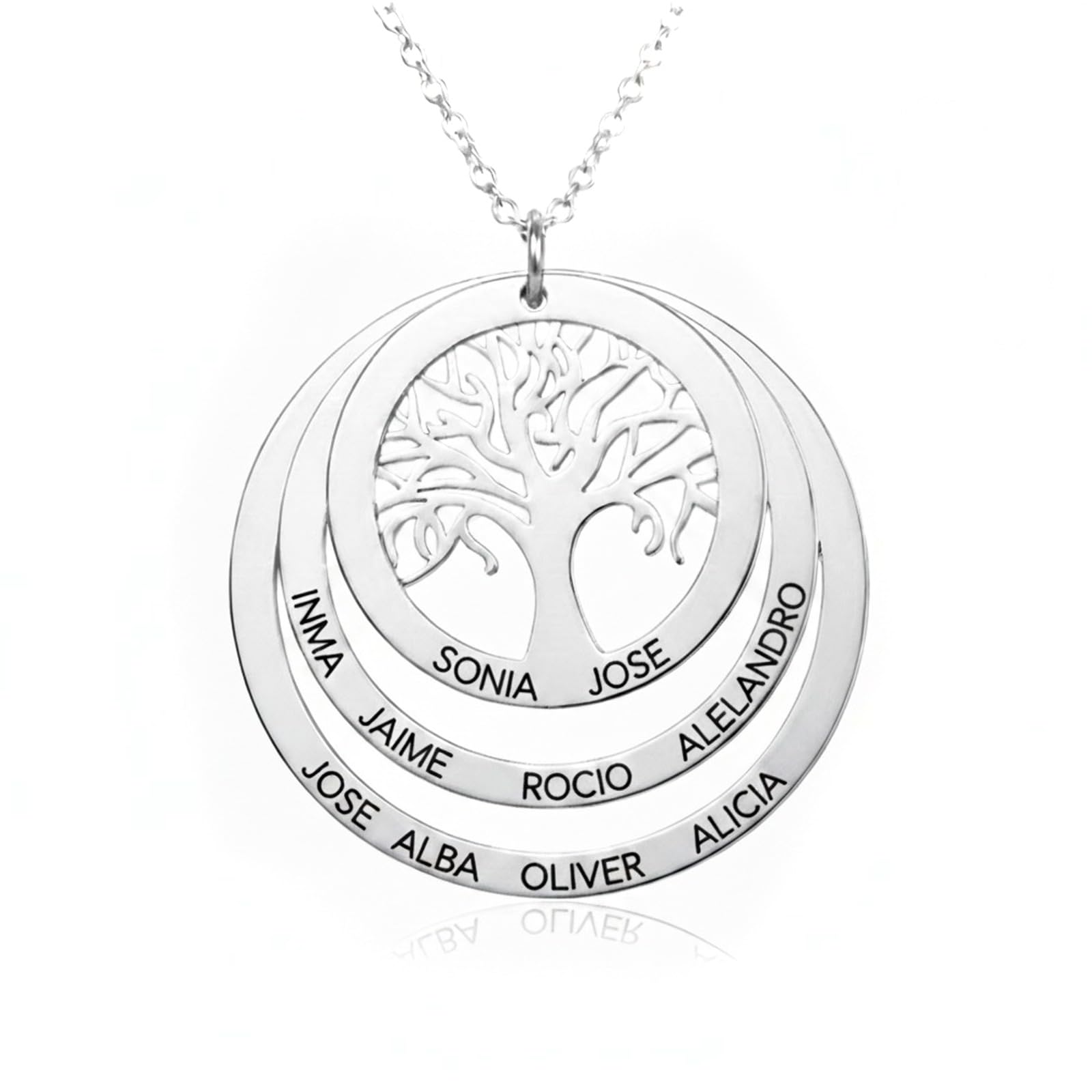Colgante de Plata Personalizado con Árbol de la Vida y Nombres Grabados - Collar con hasta 3 Aros para Familia - Joyería Simbólica para Madres y Abuelas
