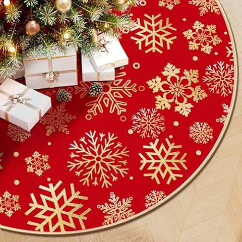 DeckTheHalls Christmas Tree Skirt 36 Inch, Snowflake Round Red Tree Skirt, Christmas Tree Skirts for Christmas Party and New Year Party, Xmas Tree Skirt Cover for 4-6ft Christmas Tree Decoration Cover