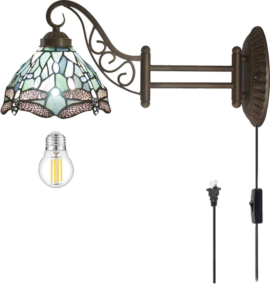 WERFACTORY Tiffany Wall Sconce Lamp Plug in Swing Arm Up Down Light Sea Blue Stained Glass Dragonfly Style W8L19 Inch S147 Series