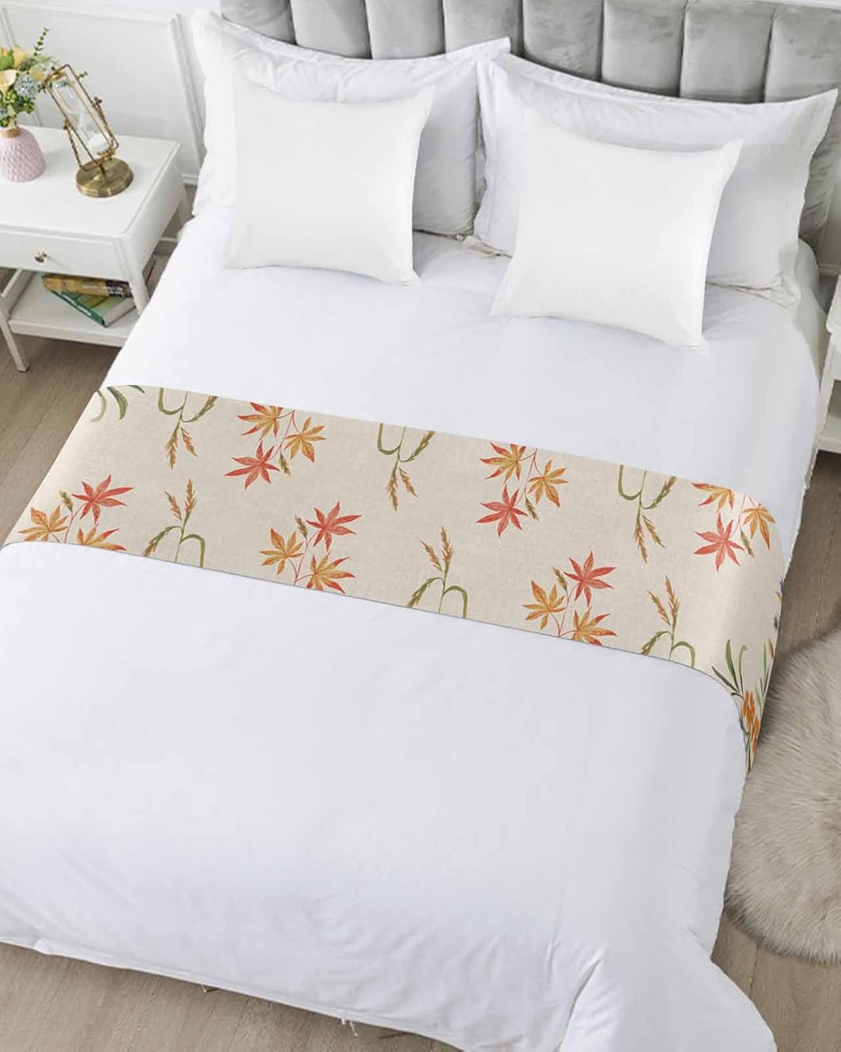 Wildflowers Fall Bed Runner Scarf Cal King Size, Autumn Leaves Retro Pastoral Plants Luxury Bed Throw Runners & Scarves for Twin Full Queen King Foot of Bed, Bedroom Hotel Decoration, 102"x20"