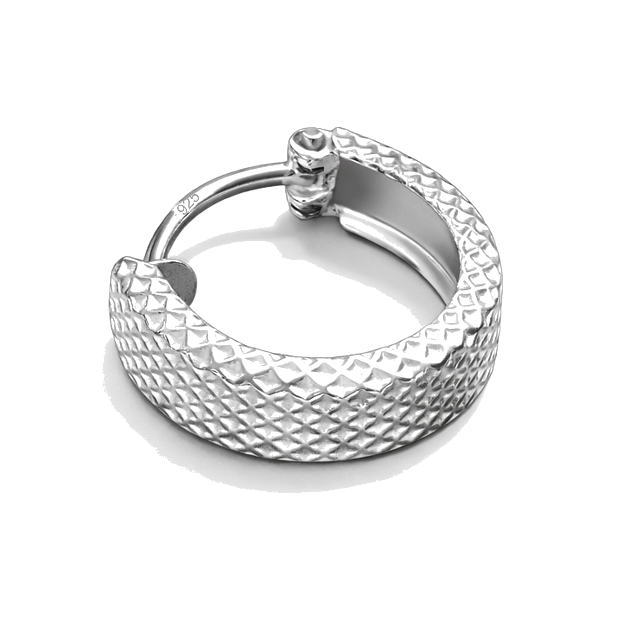 Men's Single Piece Hoop Bali Earrings | Pure 925 Silver | Grid/Diamond Textured Round Solid Stylish Piercing Ear Ring | Bold Cool Look for Boys | Gift Item | 6 Month Warranty, Small, 1 Pcs-image-7