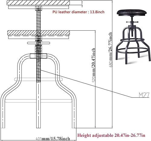 Miniatura 3 de Diwhy Taburete de bar industrial vintage, taburete de tubería ajustable en altura de encimera de cocina, taburete de hierro fundido, taburete de bar