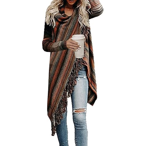 Women's Open Front Knited Tassels Slash Loose Cardigan Crew Neck Speckled Fringe Sweater Outwear