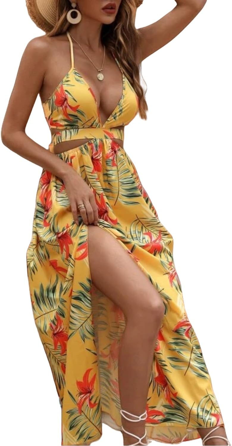 Light Dot Women Summer Dress V Neck Floral Maxi Overall Split Beach Vacation