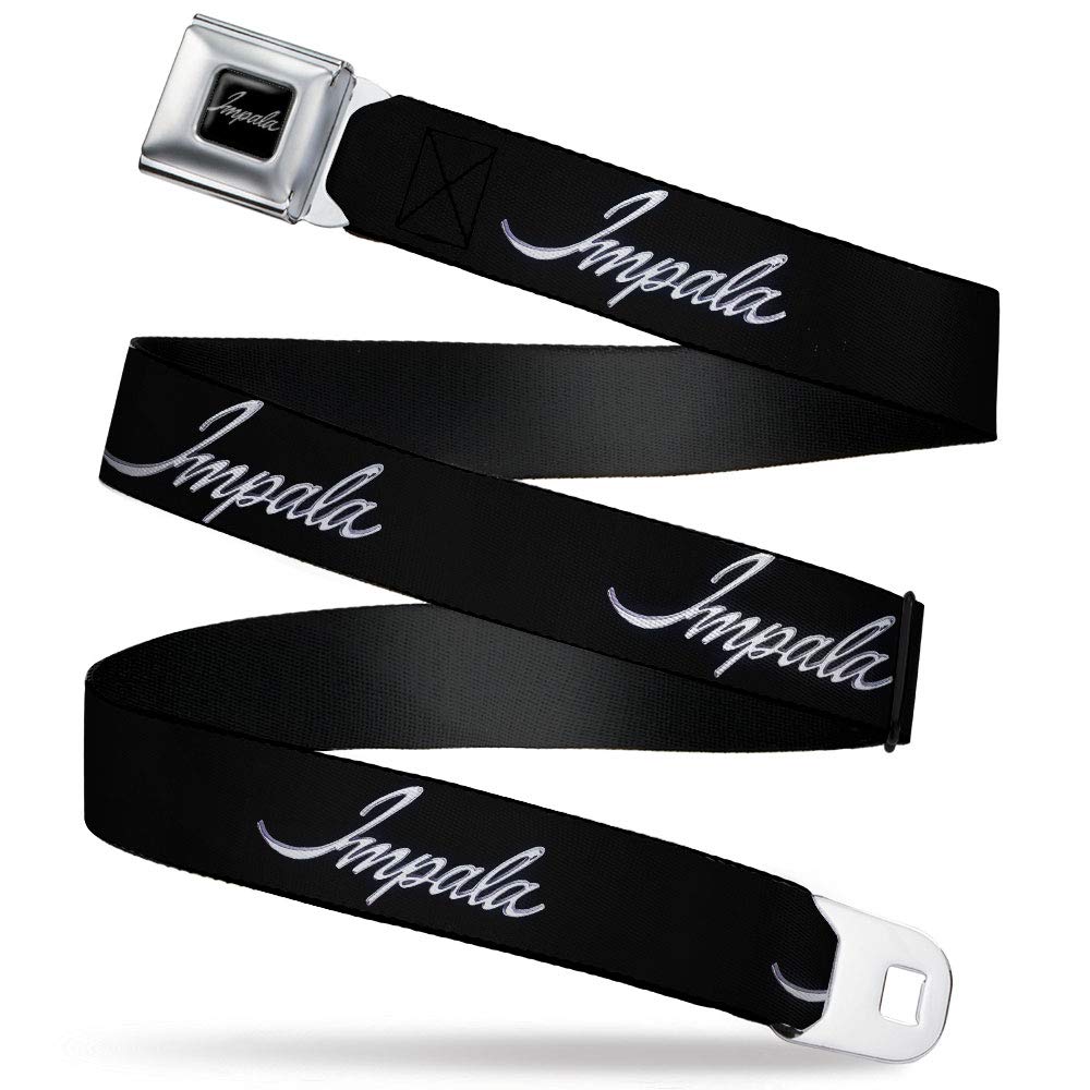 Buckle-Down Hebilla de cinturón Impala Script Emblema Negro Plata 81,3 a 132,2 cm, Multicolor, 1.5" Wide-32-52 Inches in Length Unisex Adulto