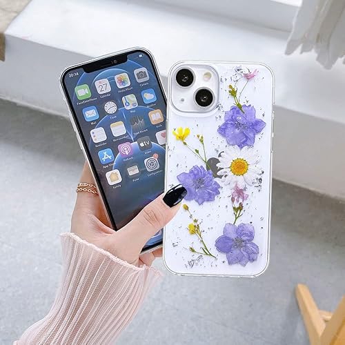 Miniatura 4 de Abbery Funda diseñada para iPhone 13 Mini con diseño de flores prensadas, bonita funda con purpurina brillante transparente con diseño de silicona