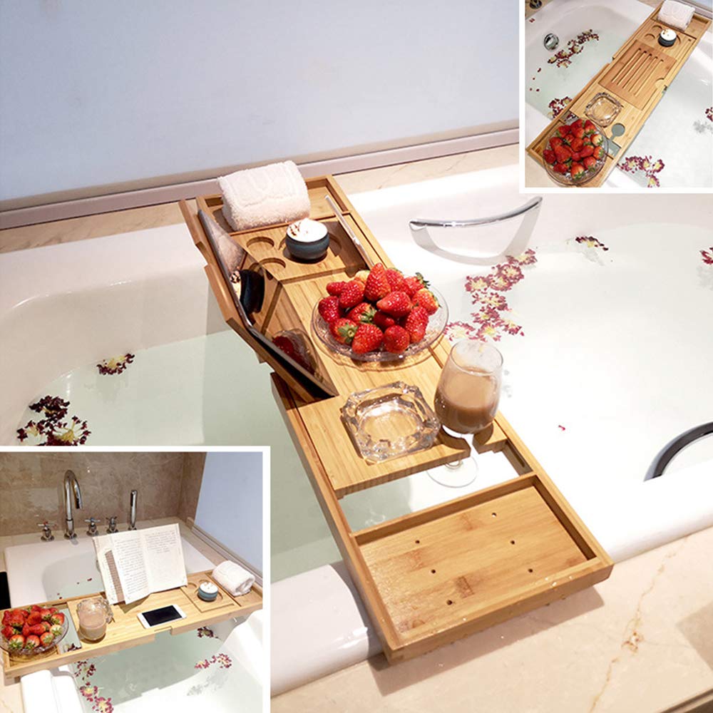 JKJZSALJ Spa Bathtub Caddy Tray - Extendable For Books Wine And Tablets - Non-Slip Bath Rack For Relaxation And Reading For Self-Care Lovers