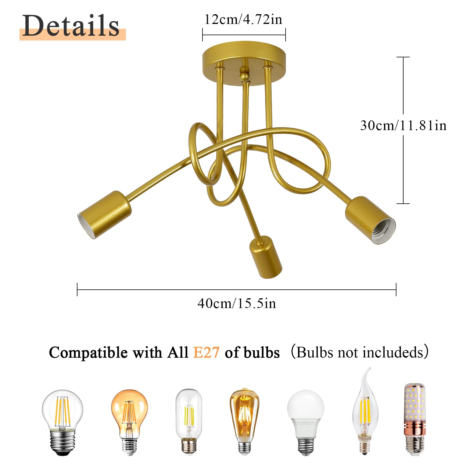 Toolight Lustre industriel 3-Lumières, Lustre Plafonnier Vintage Doré E27, Lustres en Metal pour Salon Chambre Cuisine Vestiair, Ø40cm (Sans ampoules)