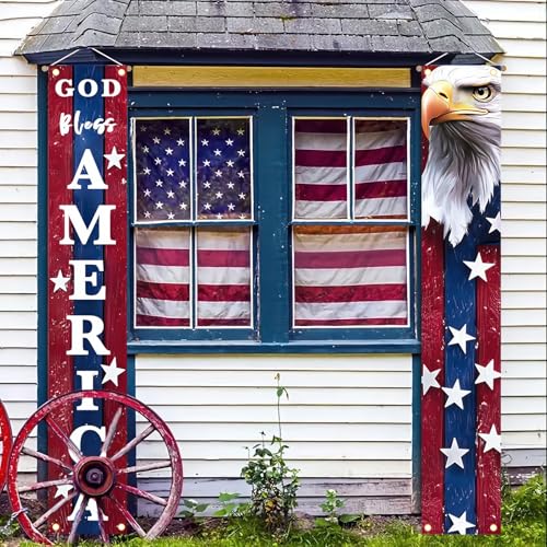 Image of BlissYard 4th of July Door Banner Set Patriotic American Flag Porch Decorations God Bless America Hanging Sign for Front Door Independence Day Outdoor Decor Memorial Day Veterans Party Banner