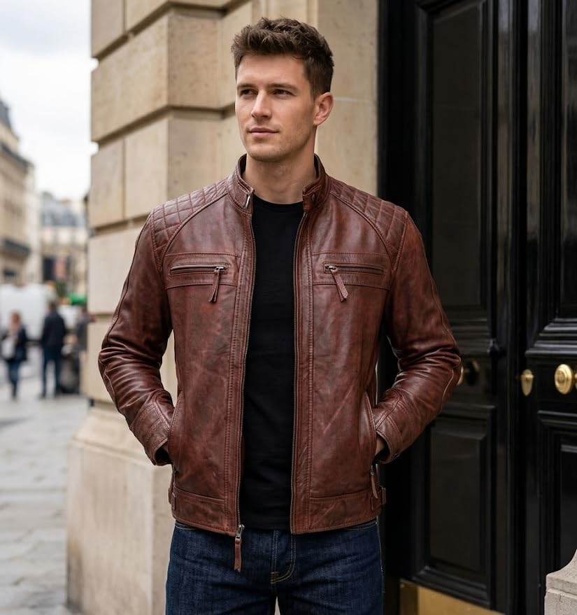 Image of Mens Vintage Retro Biker Cafe Racer Jackets - Diamond Quilted Style Genuine Leather Motorcycle Jacket