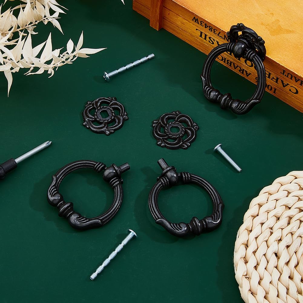 SUPERFINDINGS 8 Sets Gunmetal Vintage Cabinet Ring Handles 2.2" Width Zinc Alloy Ring Drawer Pulls Antique Kitchen Cabinet Handle Pulls Drawer Ring Pull Metal Handles for Cabinets Drawers Door