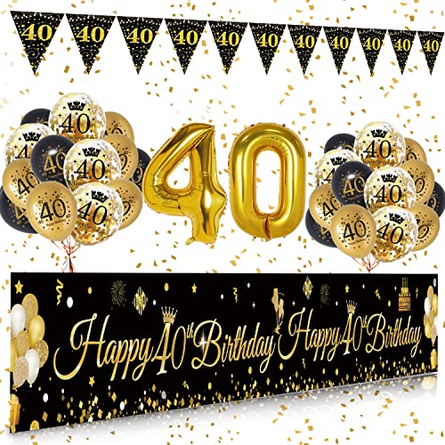 40 Geburtstag Deko Mann, Extra Lange Happy 40. Geburtstag banner (9*1.21 Füße) Schwarz Gold 40. Geburtstagsfeier Dekorationen Banner Luftballons 40. Geburtstag Schwarz Gold Luftballons Cover