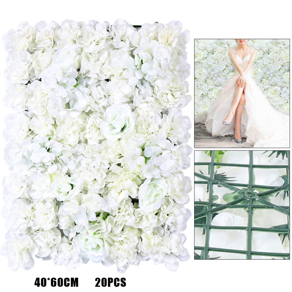 20Pcs KüNstliche Blumen Wand Seidenblume Rosenwand Hintergrund Hochzeit Deco KüNstlich DIY Kunstblumen Fest Geburtstag Hochzeitsfotografie FüR Party Garten Dekor Romantische Paneele Weiß 40*60Cm
