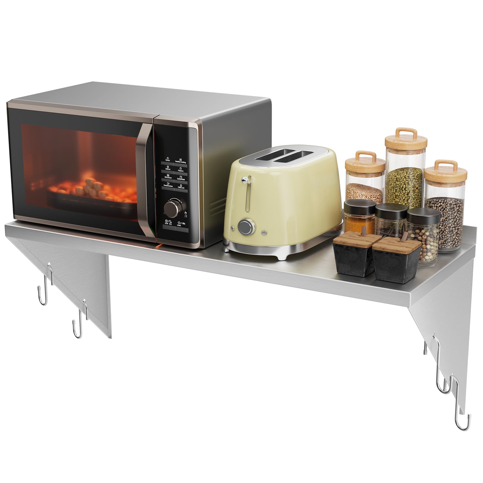 TAIMIKO Estantería de Pared de Acero Inoxidable con Barra de Ganchos,Estante de Pared con Soporte Triangular Almacenamiento de Cocina, para Gastro Libros Portarretratos Plantas Oficina Baño Cocina