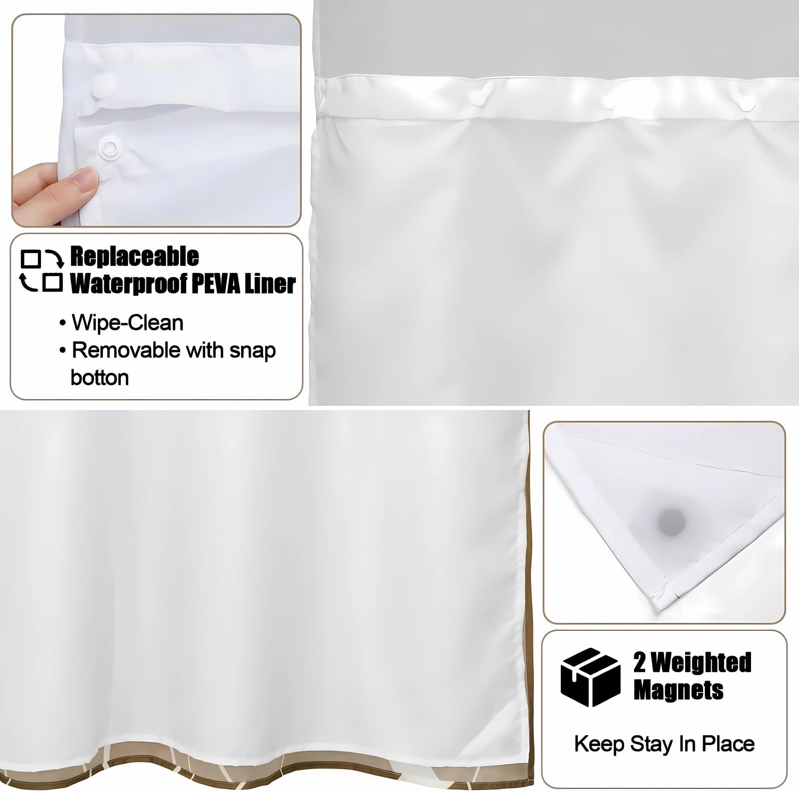 Cortina de ducha negra sin gancho con forro a presión, diseño moderno estilo hotel con ventana superior transparente, cortina de baño de doble capa, resistente al agua, lavable a máquina, 54 x