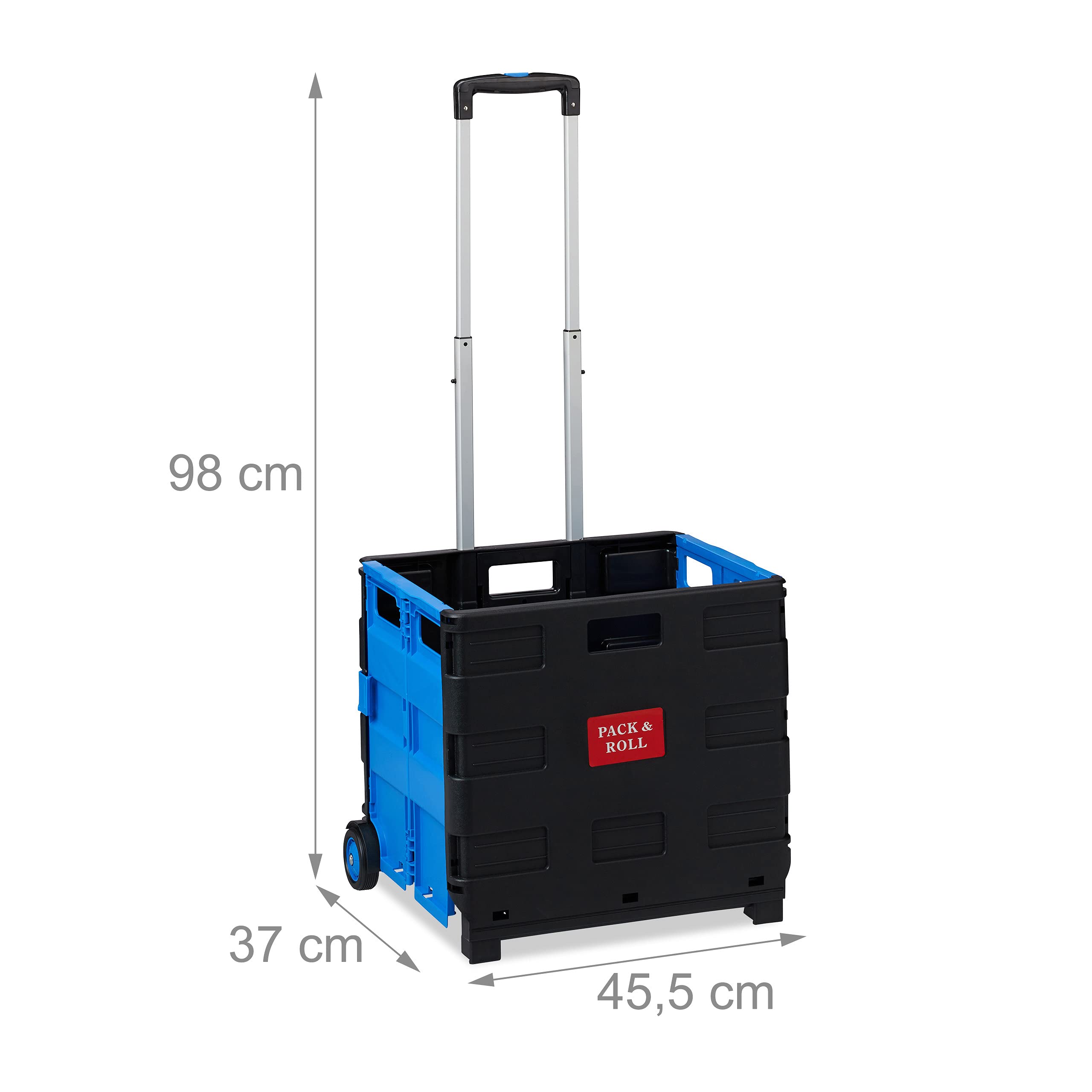 Relaxdays Chariot de courses pliable, poignée, roulettes en caoutchouc, 35 kg, poussette de marché, aluminium, bleue, Blue