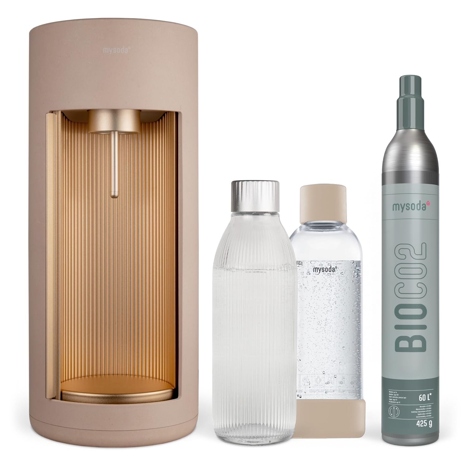 Mysoda: Glassy Wassersprudler aus Holzkomposit mit CO2-Zylinder und 1L Glasflasche & BPA-Frei 1L Plastikflasche - Latte