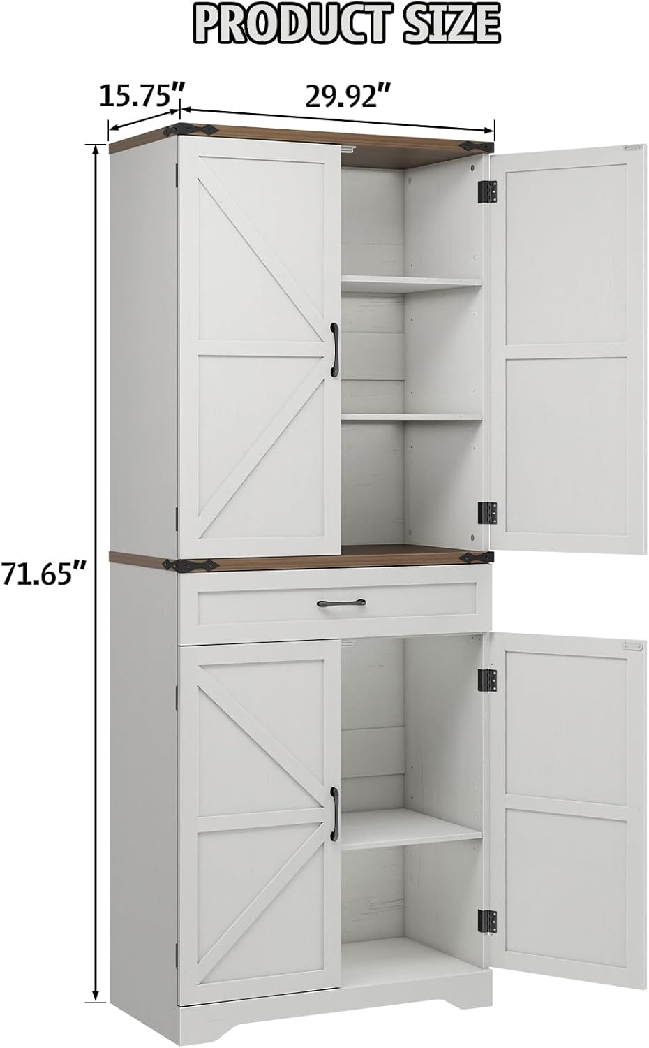 Halitaa 72" Tall Farmhouse Pantry Storage Cabinet with Organizer - Large Capacity Freestanding Cupboard for Kitchen, Dining Room, Living Room, White