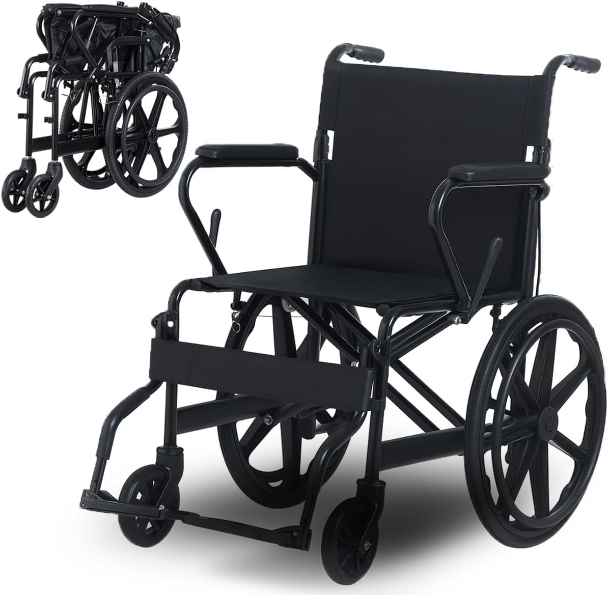 SXSLTSA Portable Folding Wheelchairs Lightweight 13.6KG Self Propelled & Attendant Propel Wheelchair with Brakes, Safety Belt Adjustable Footrest (Black)